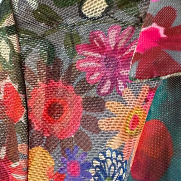 Natural Life Sz XL Carina Mesh Top Vivid Floral Flower Power Fitted Low V Sheer - Picture 11 of 16